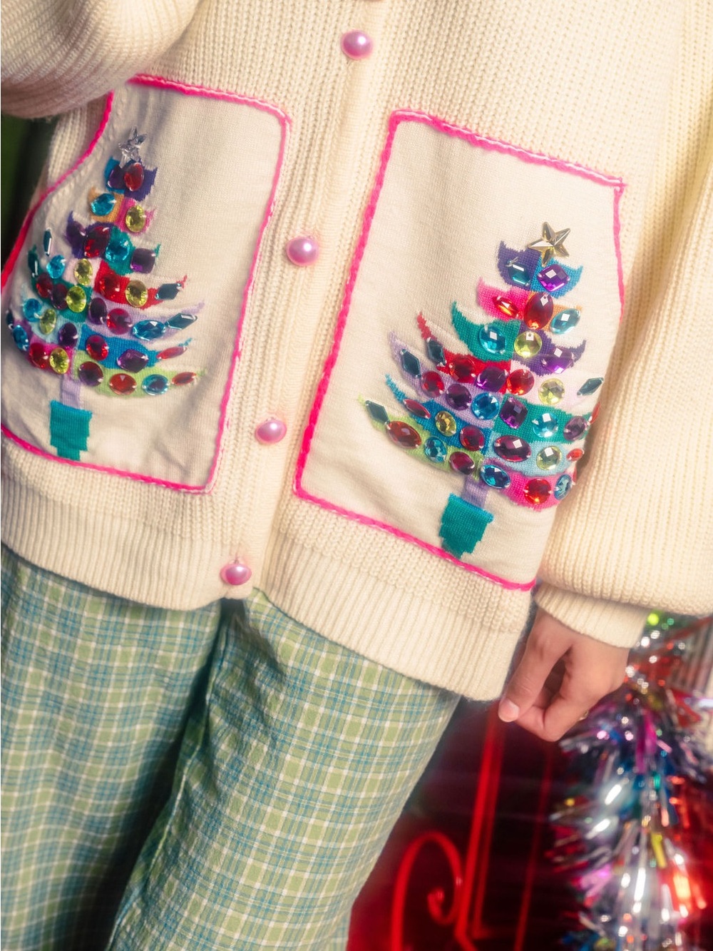 Queen of Sparkles Cozy Cream Christmas Tree Embroidered Cardigan Sweater - Picture 3 of 4